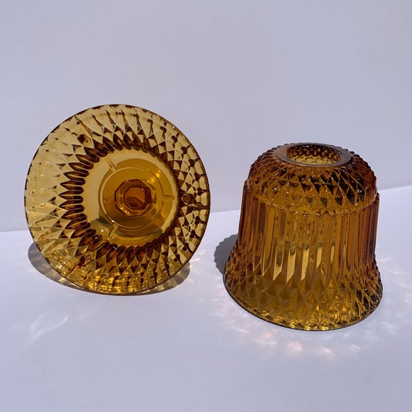 Vintage Indiana Amber Glass Fairy Light Lamp Diamond Point Footed 2 Piece MCM - Picture 2 of 7